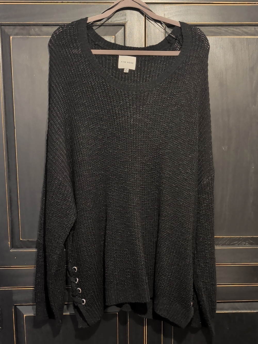 Pink Rose Women's Black Knit Sweater with Side Eyelet Detail